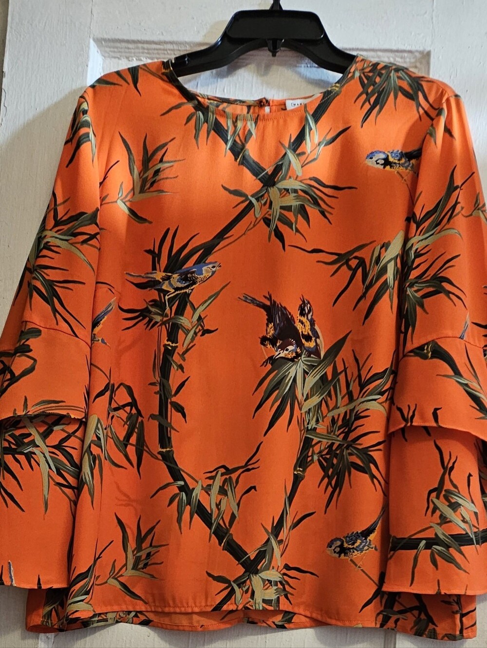 Warehouse Orange Botanical Bird Print Blouse